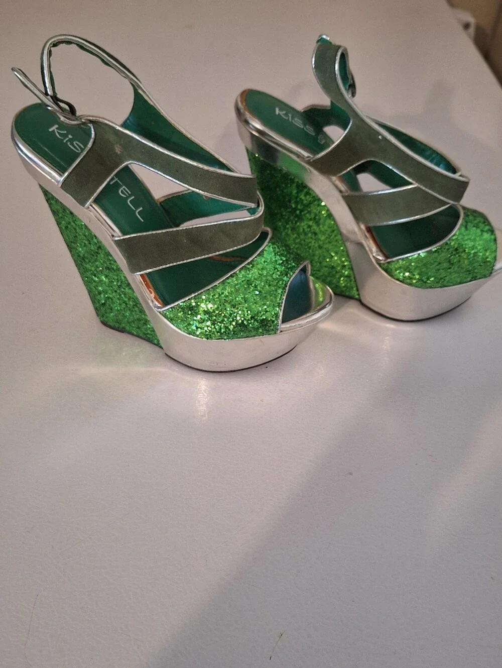 Green Glitter Wedge Sandals